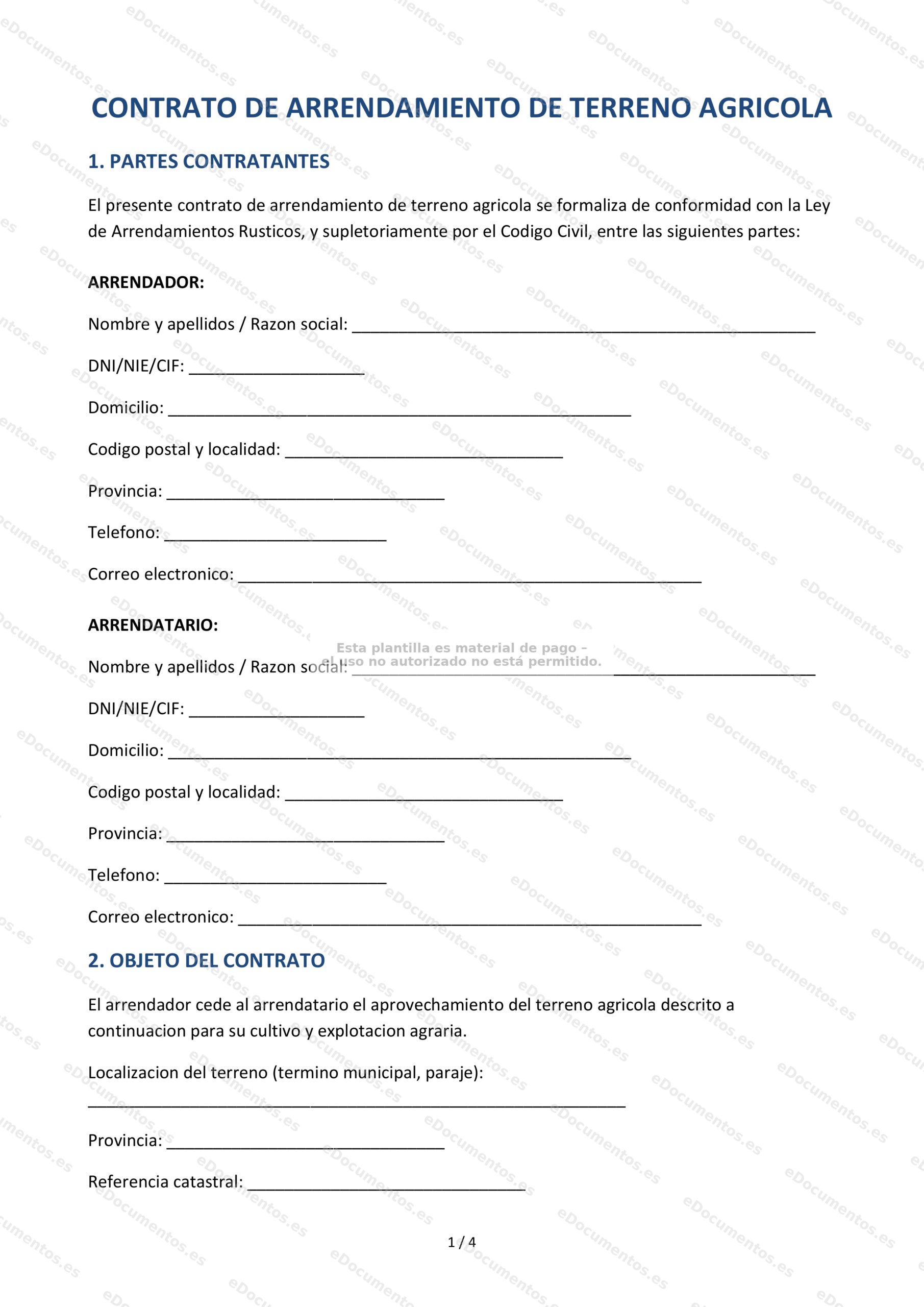 Contrato de arrendamiento de terreno agrícola — Modelo editable