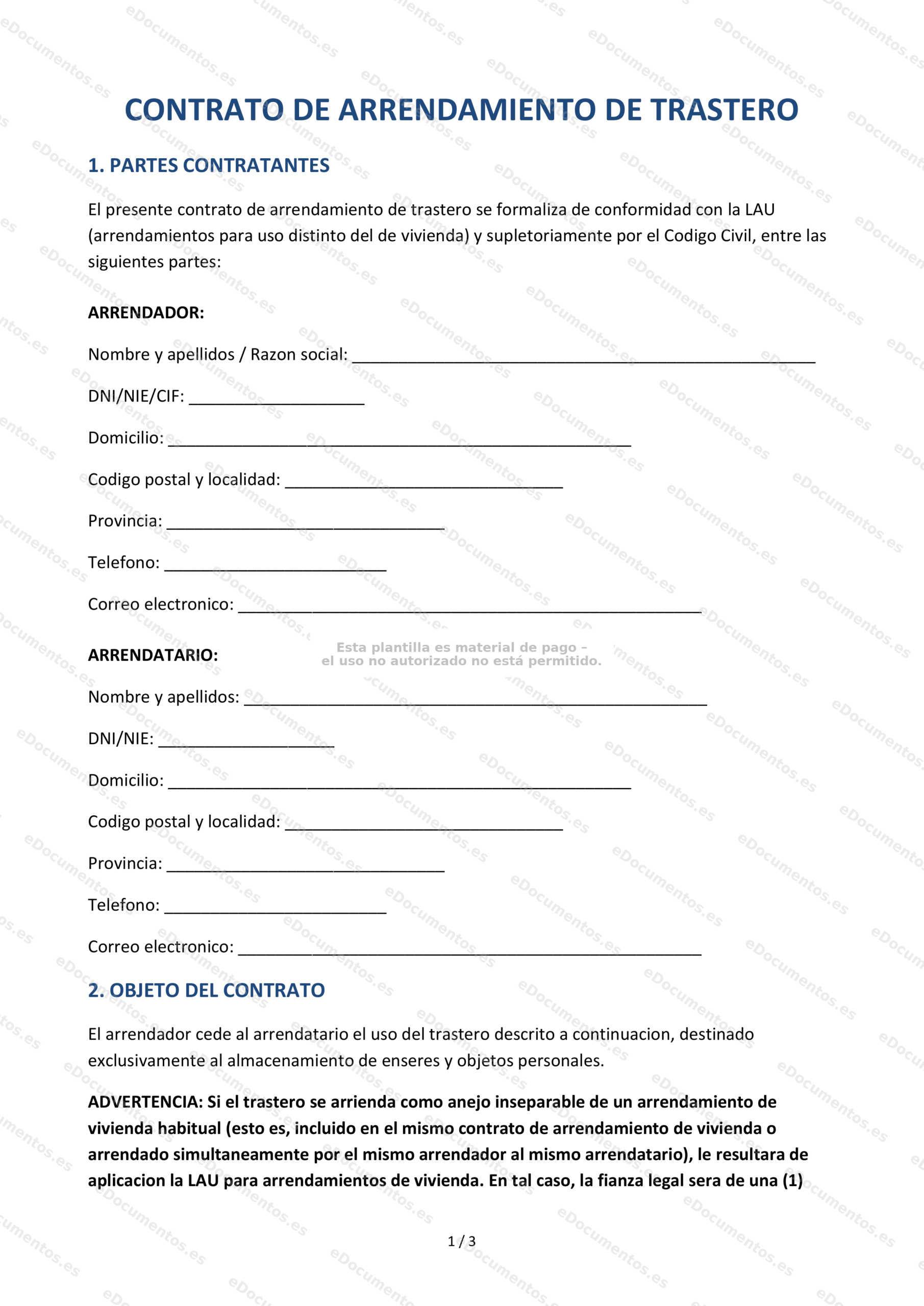 Contrato de arrendamiento de trastero — Formulario descargable