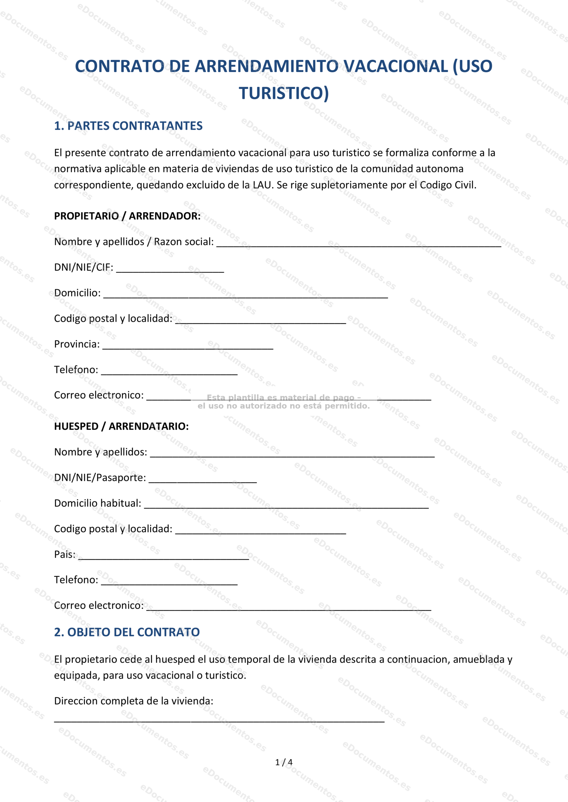 Contrato de alquiler vacacional (uso turístico) — Modelo descargable