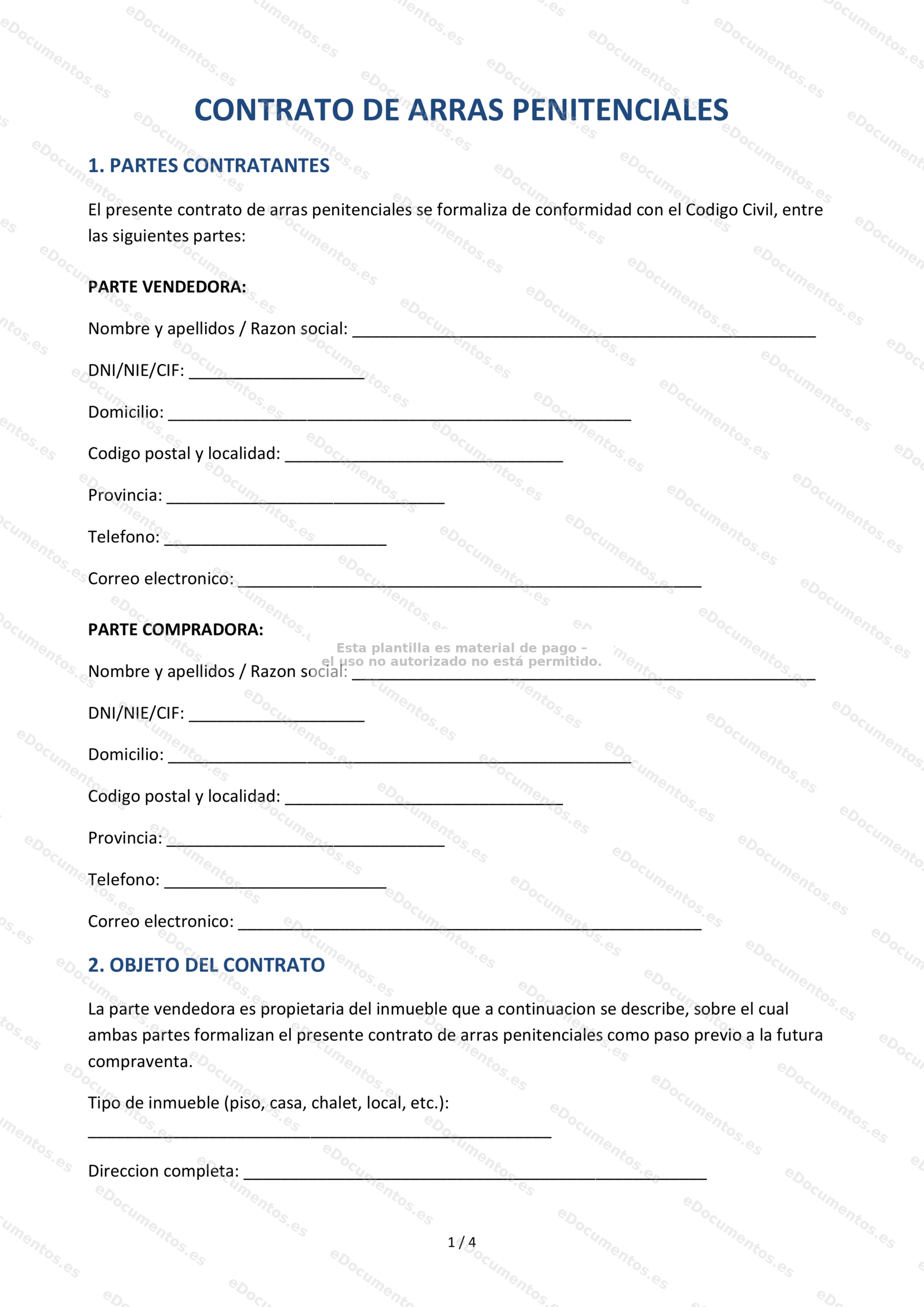 Contrato de arras penitenciales — Plantilla Word & PDF