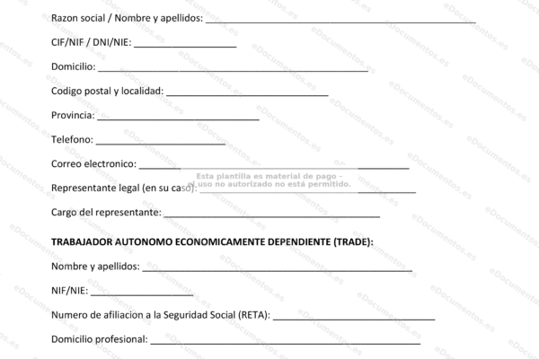 Contrato de autónomo en una página de comercio, primera página, con texto y espacios para firmas.