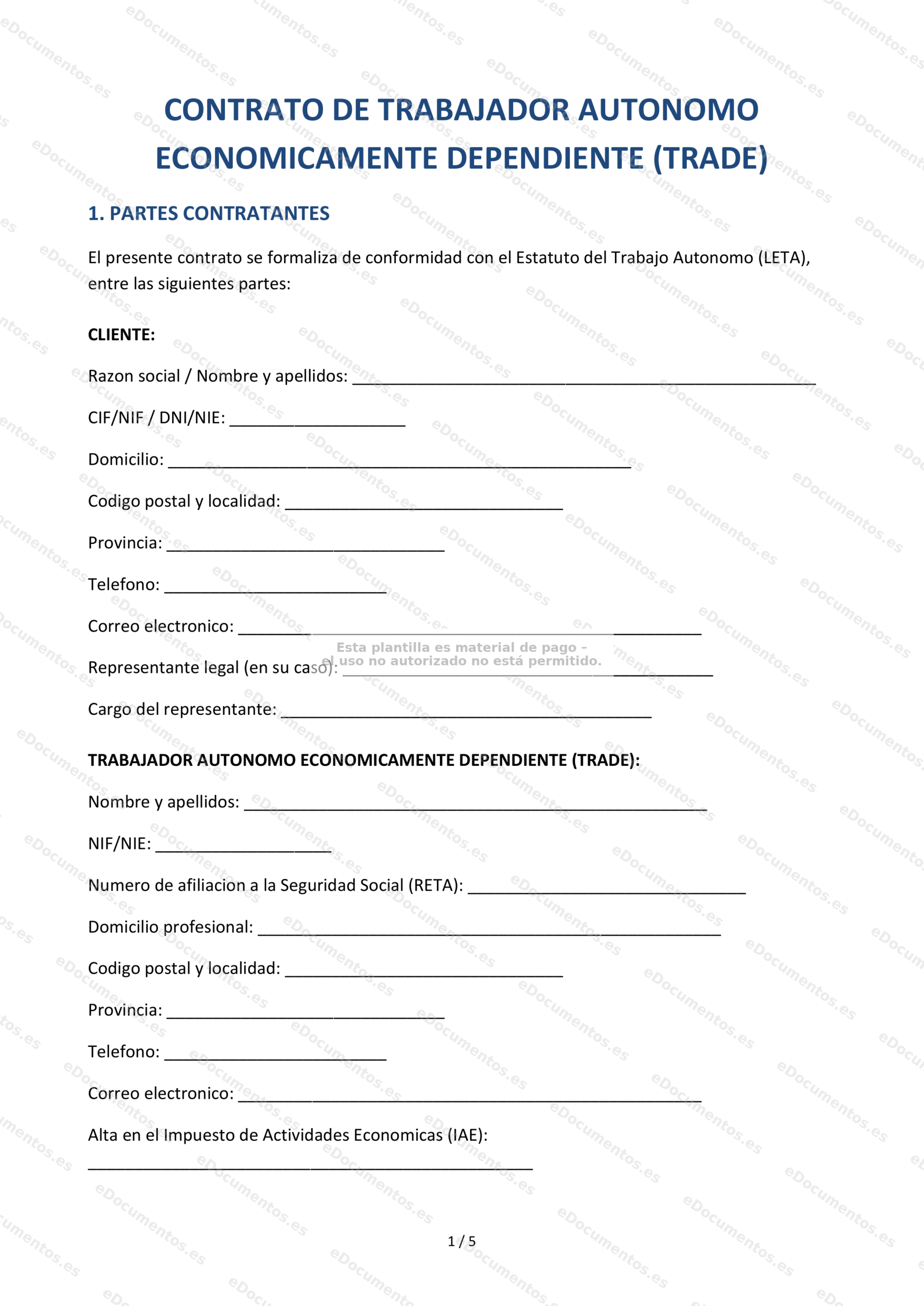 Contrato TRADE (autónomo económicamente dependiente) — Modelo editable