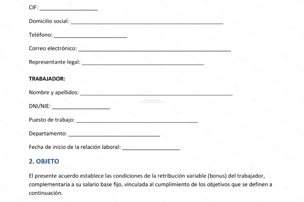 Primera página de un contrato de bonificación, documento con formato escalado