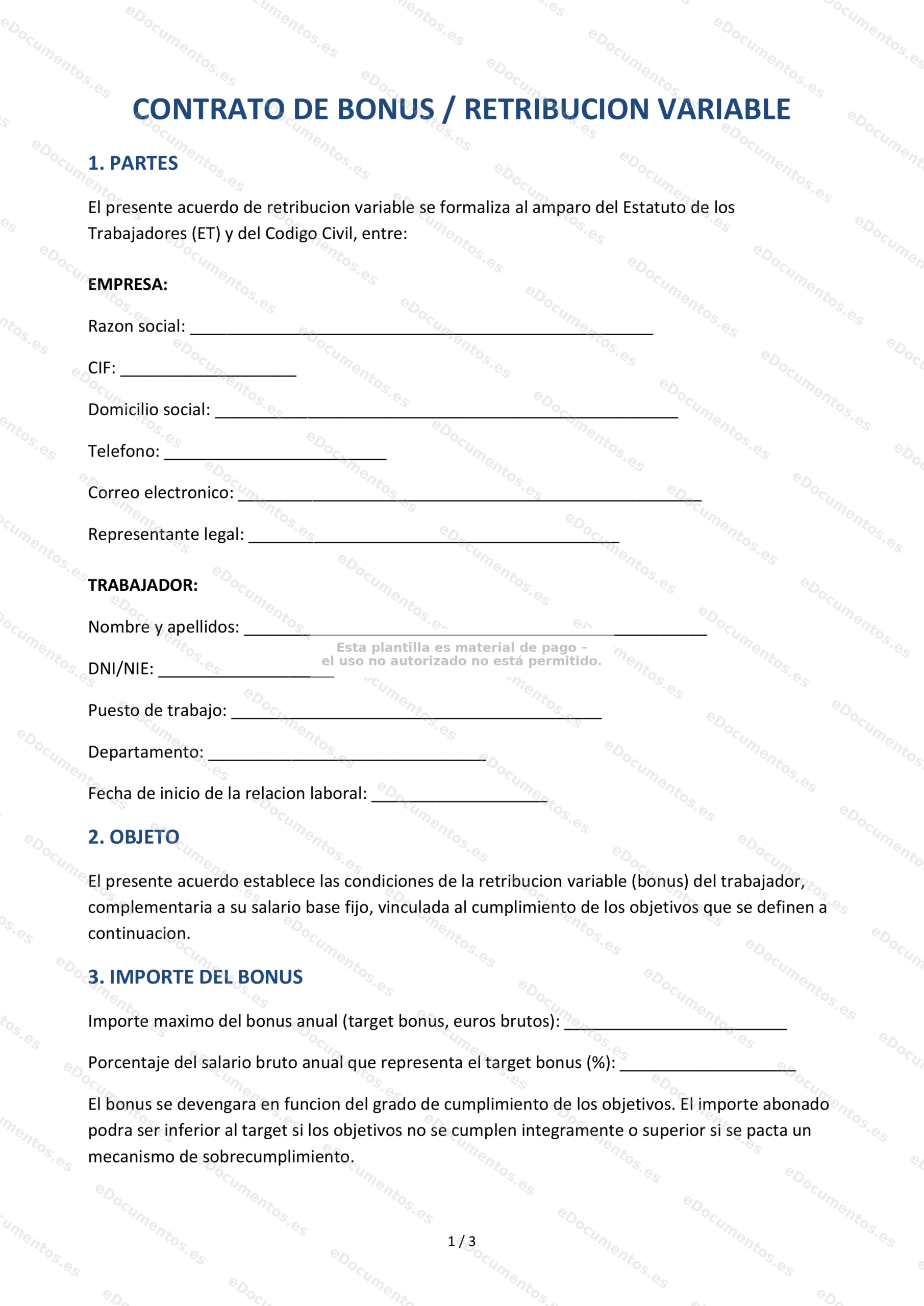 Contrato de retribución variable (bonus) — Modelo editable
