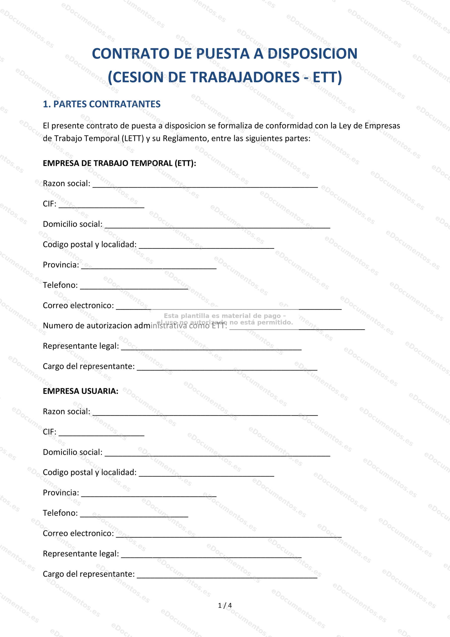 Contrato de puesta a disposición ETT — Modelo editable