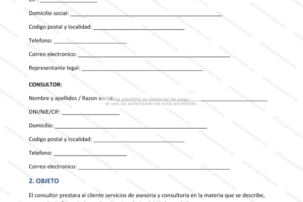 Página 1 de un contrato de consultoría, documento con texto formal y campos para firmas.