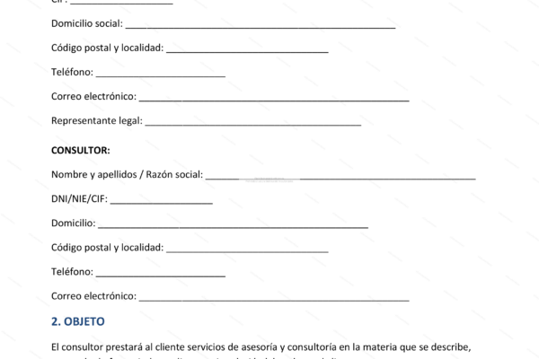 Página 1 de un contrato de consultoría, documento con texto formal y campos para firmas.