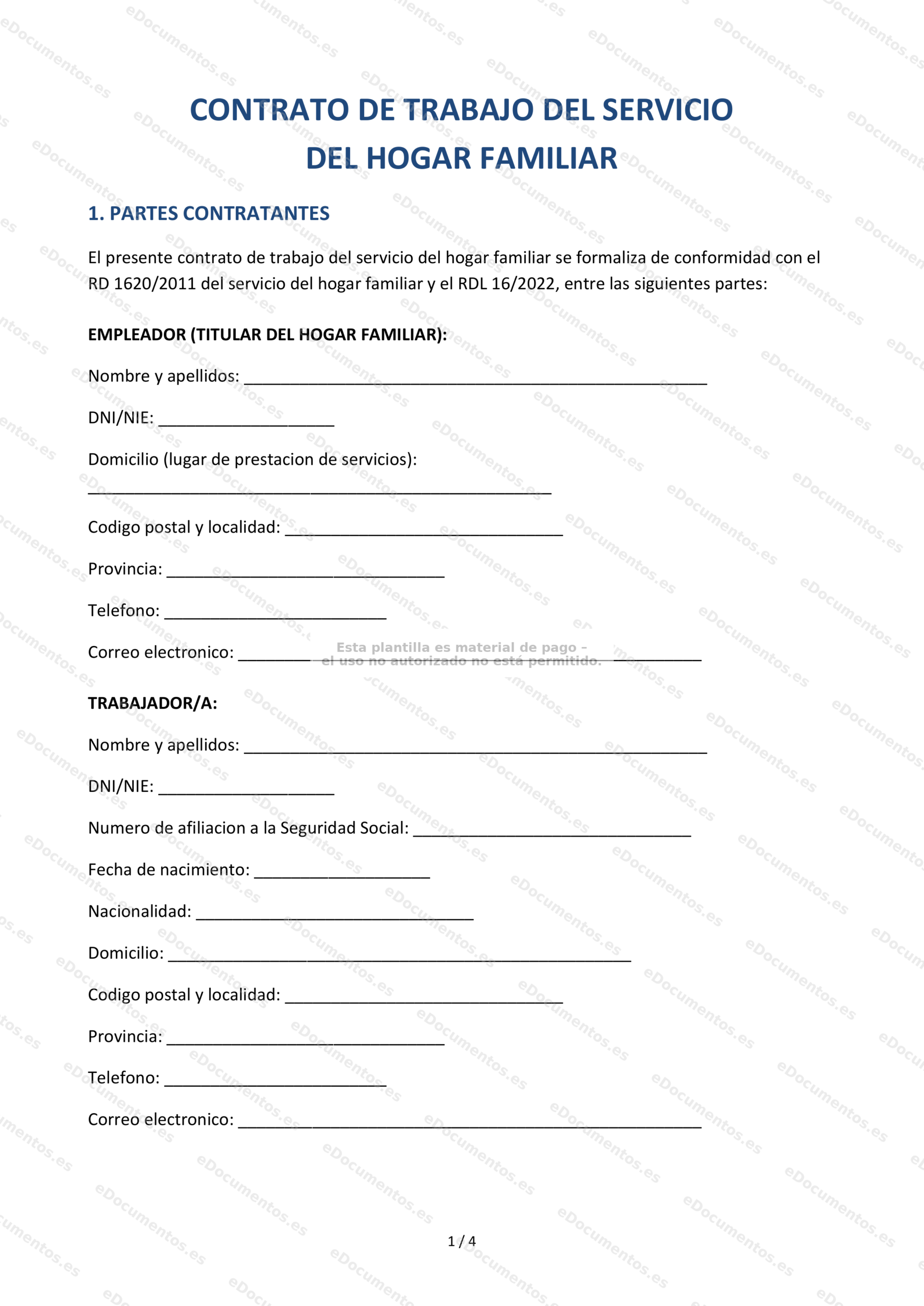 Contrato de trabajo del hogar familiar — Modelo descargable