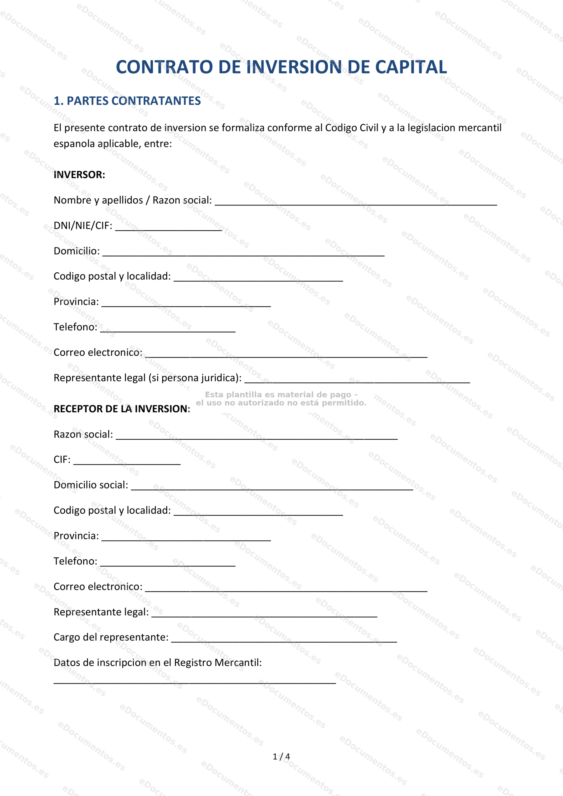 Contrato de inversión de capital — Modelo descargable