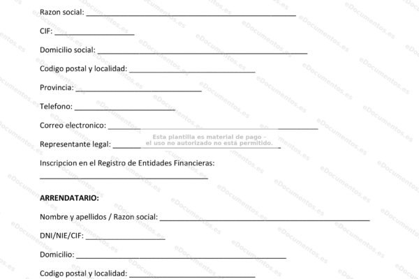 Contrato de leasing en la página 1, con el texto y secciones del acuerdo visibles