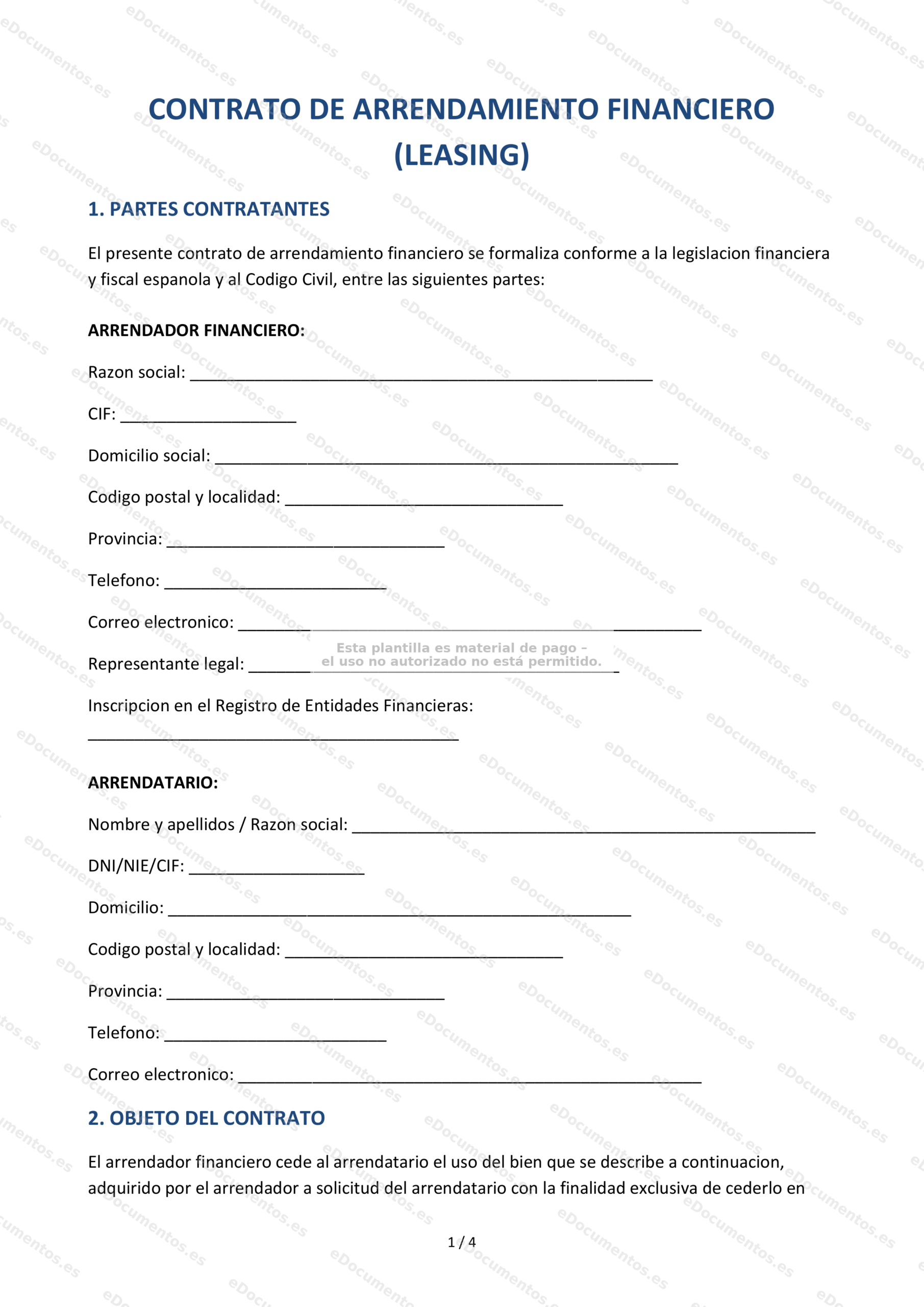 Contrato de arrendamiento financiero (leasing) — Modelo editable