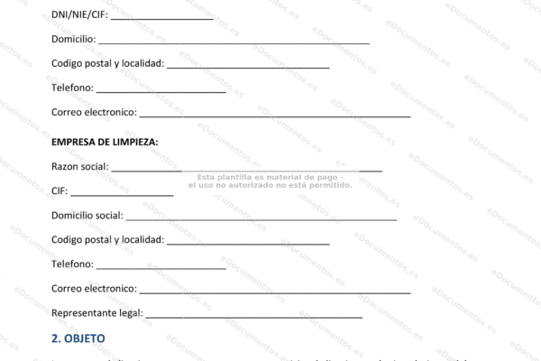 Página 1 de un contrato de servicios de limpieza.
