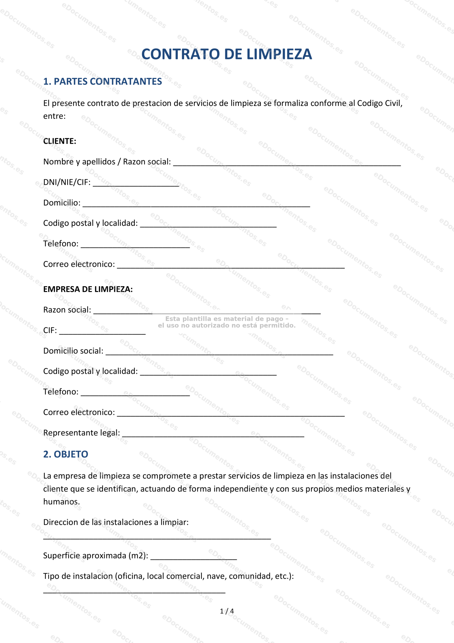 Contrato de limpieza — Modelo para empresas de limpieza