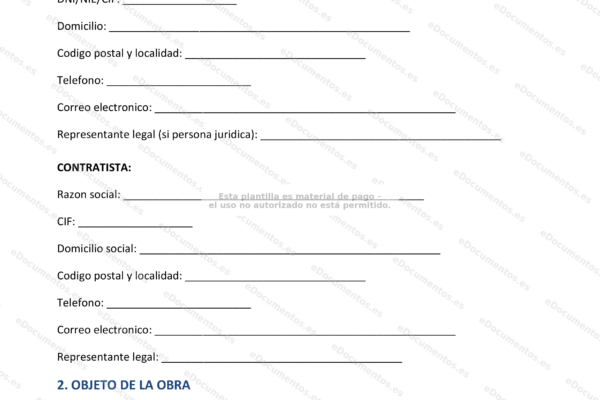 Primera página de un contrato de obra, con texto impreso y firmas visibles