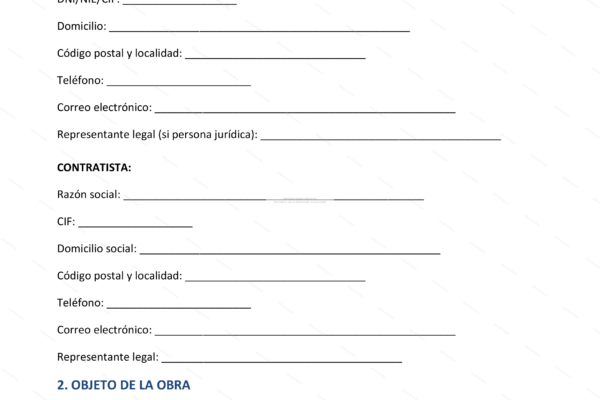 Primera página de un contrato de obra, con texto impreso y firmas visibles