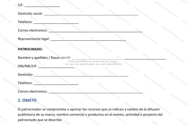 Contrato de patrocinio, primera página con texto y espacios para firmas.