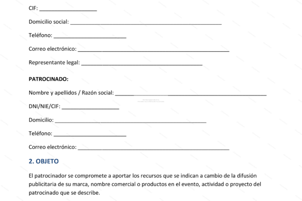 Contrato de patrocinio, primera página con texto y espacios para firmas.