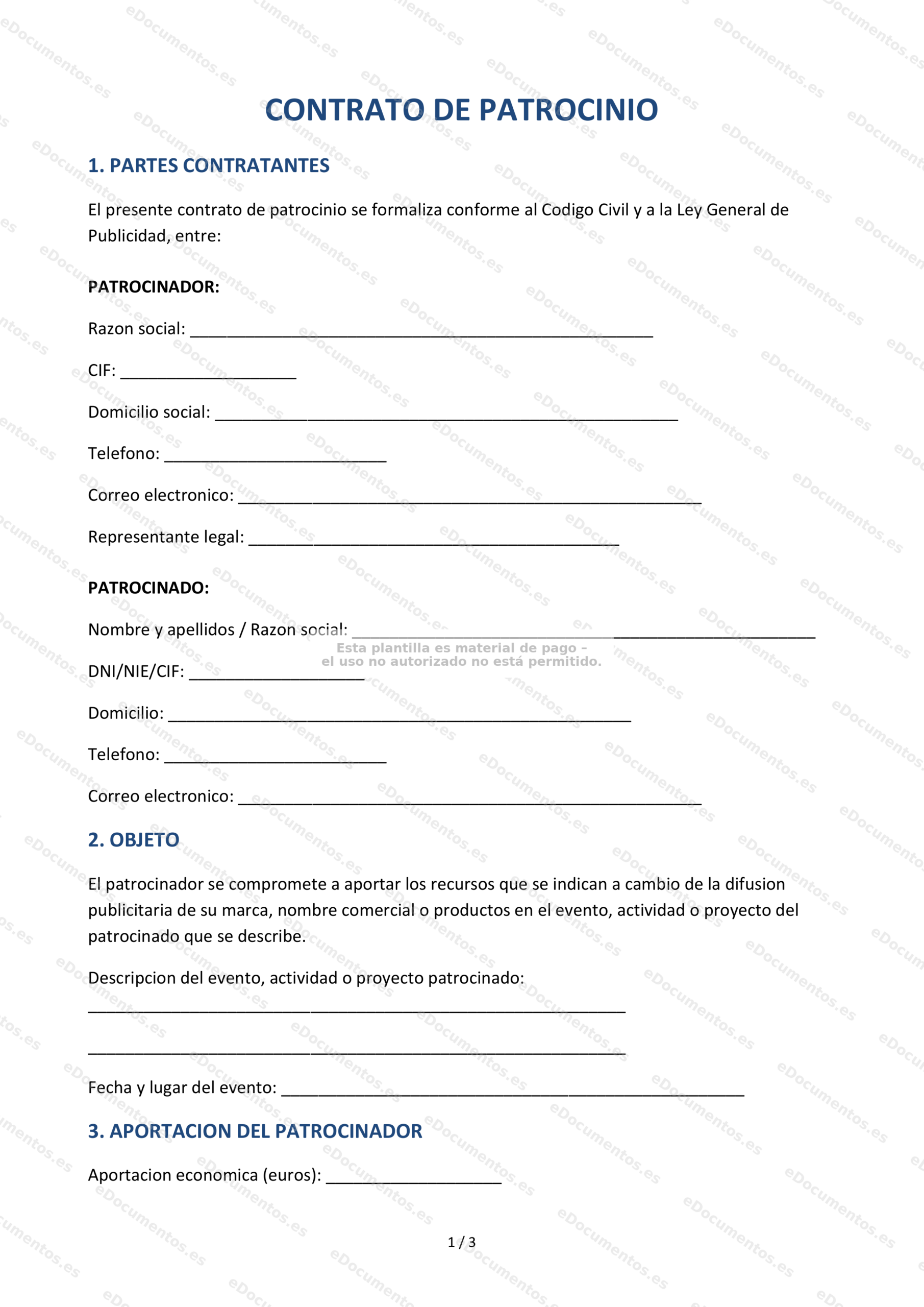 Contrato de patrocinio — Modelo editable