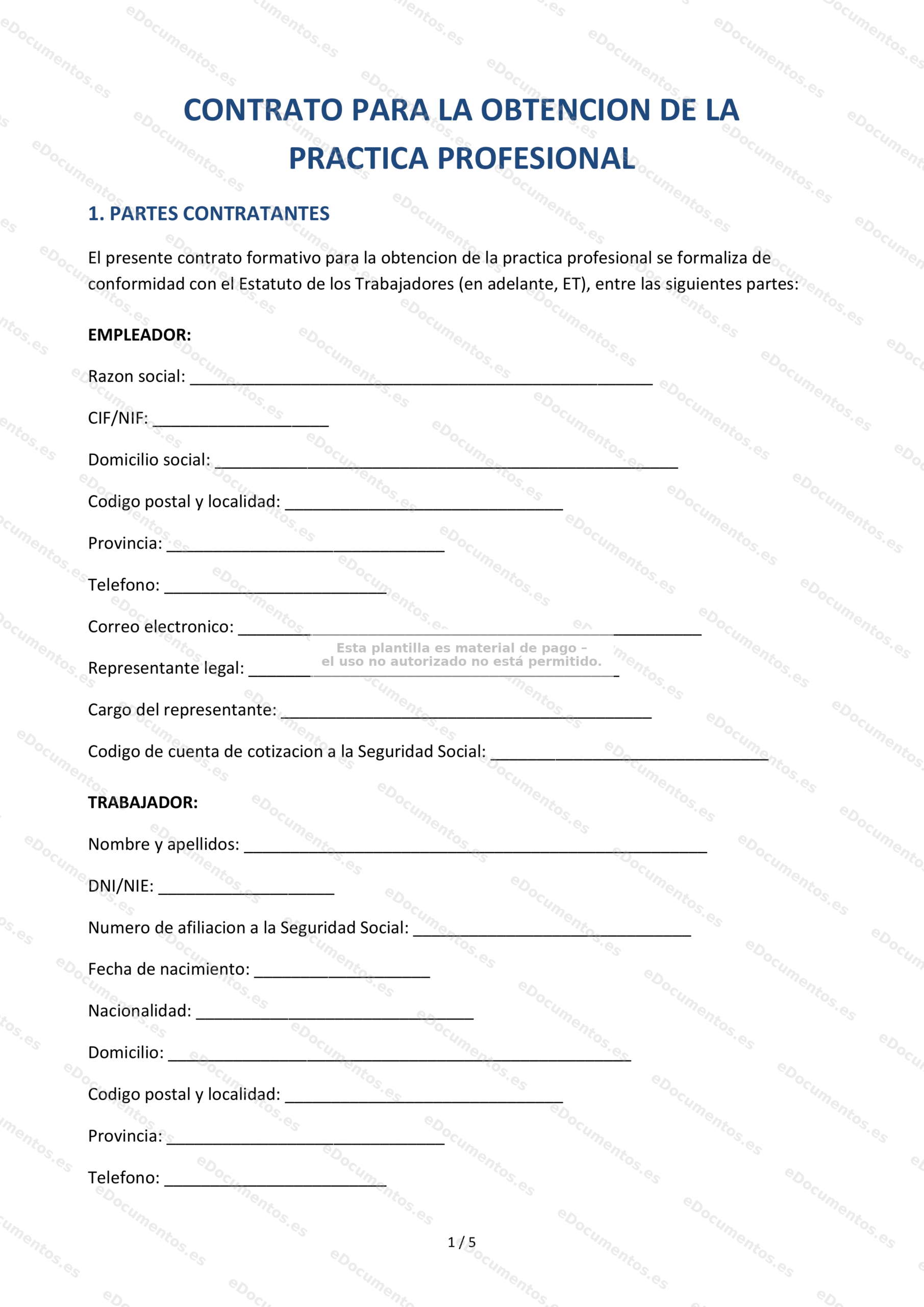 Contrato para la práctica profesional — Modelo descargable