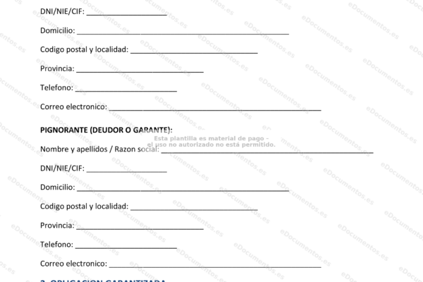Página 1 de un contrato de prenda; documento legal con texto y campos para firmas.