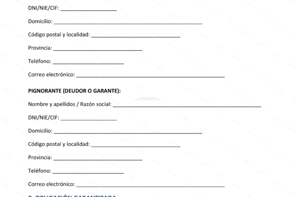 Página 1 de un contrato de prenda; documento legal con texto y campos para firmas.