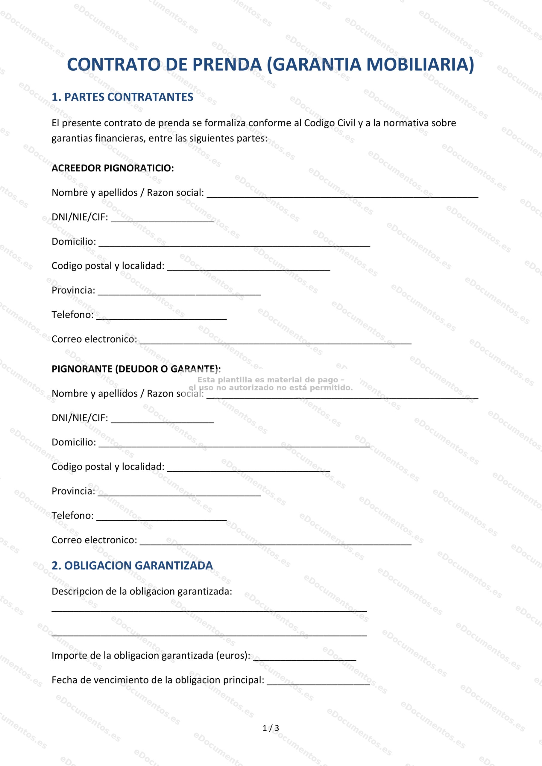 Contrato de prenda (garantía mobiliaria) — Modelo editable