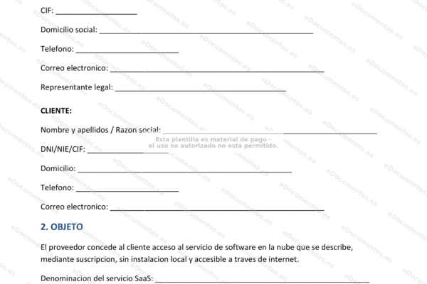 Página 1 de un contrato SaaS, con texto y cláusulas de servicio.