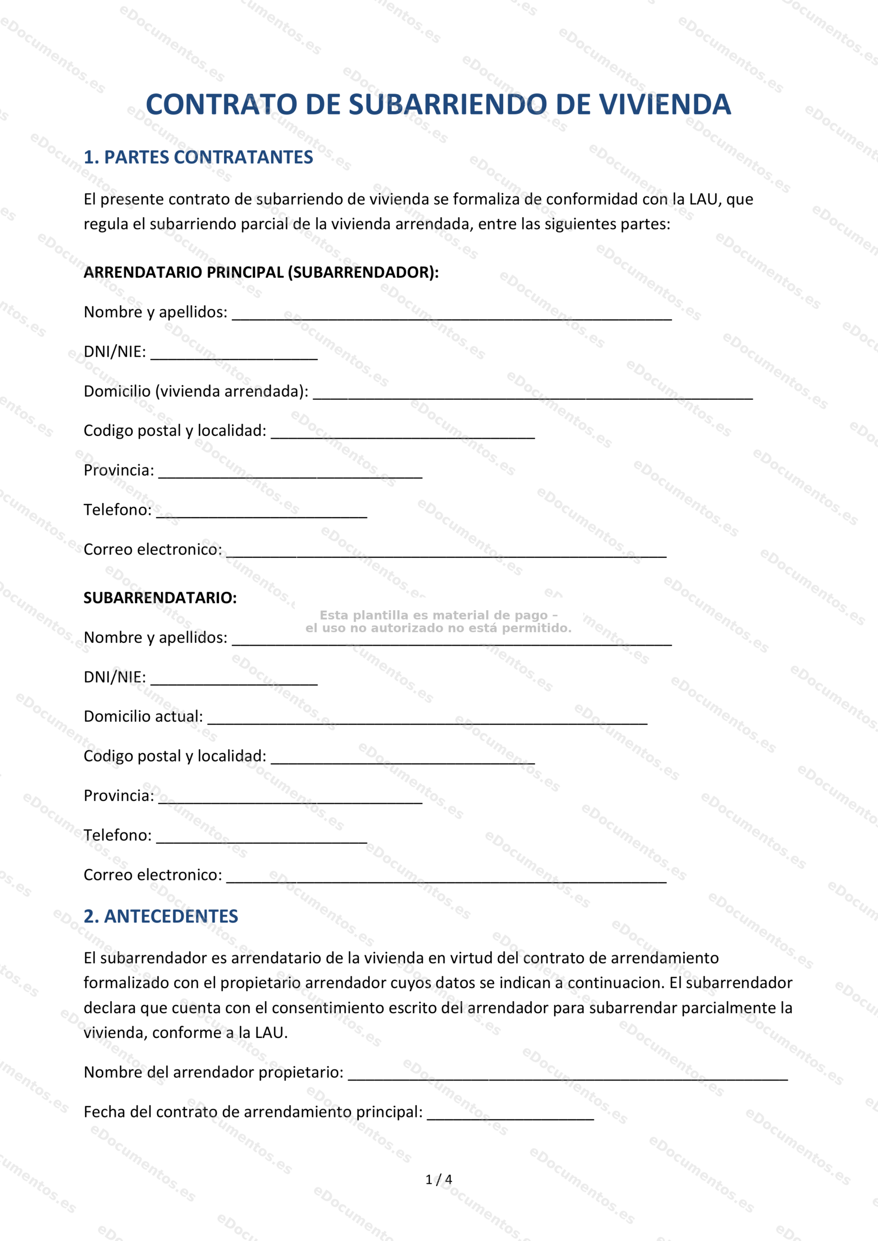 Contrato de subarriendo de vivienda — Modelo editable