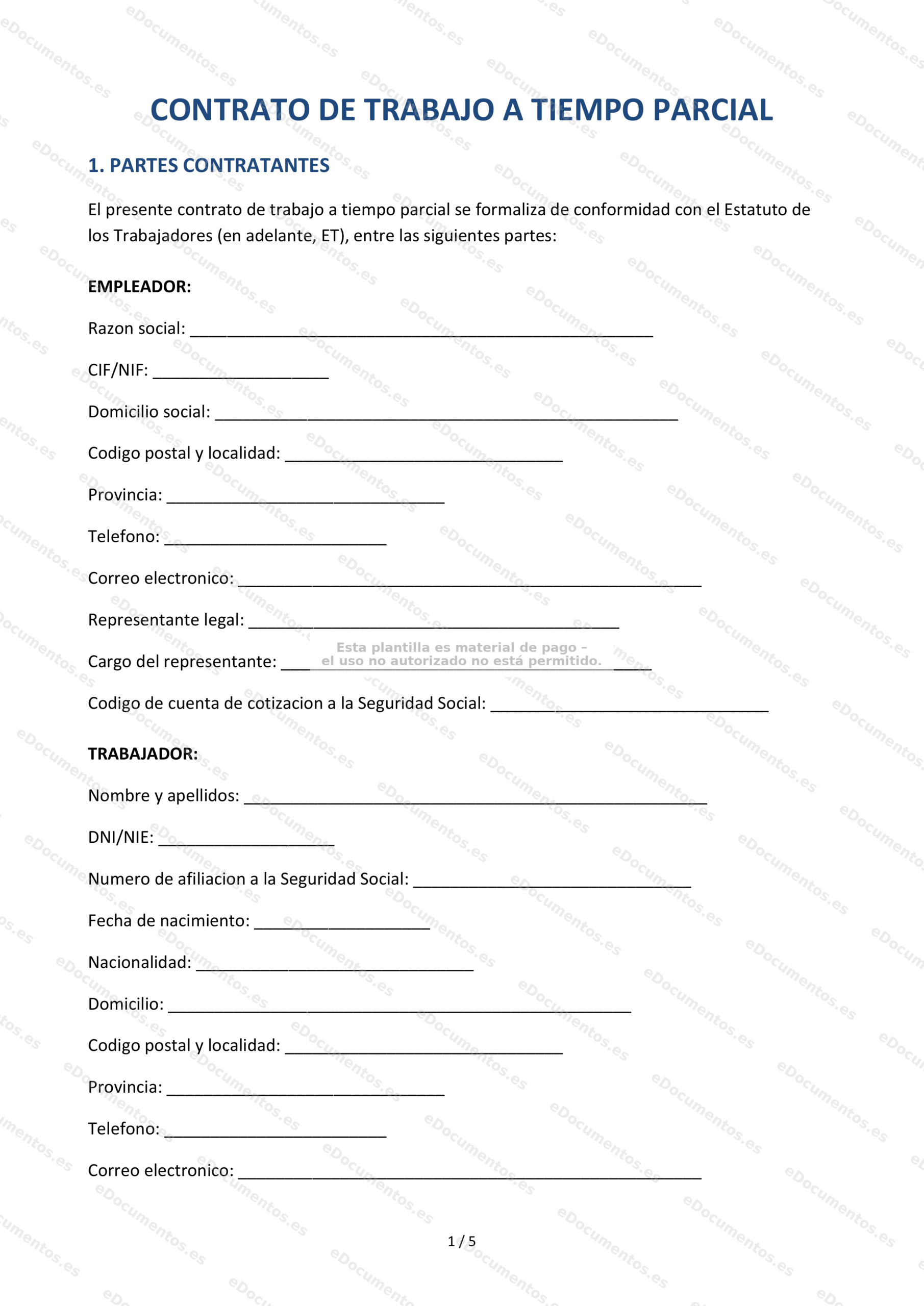 Contrato de trabajo a tiempo parcial — Modelo editable