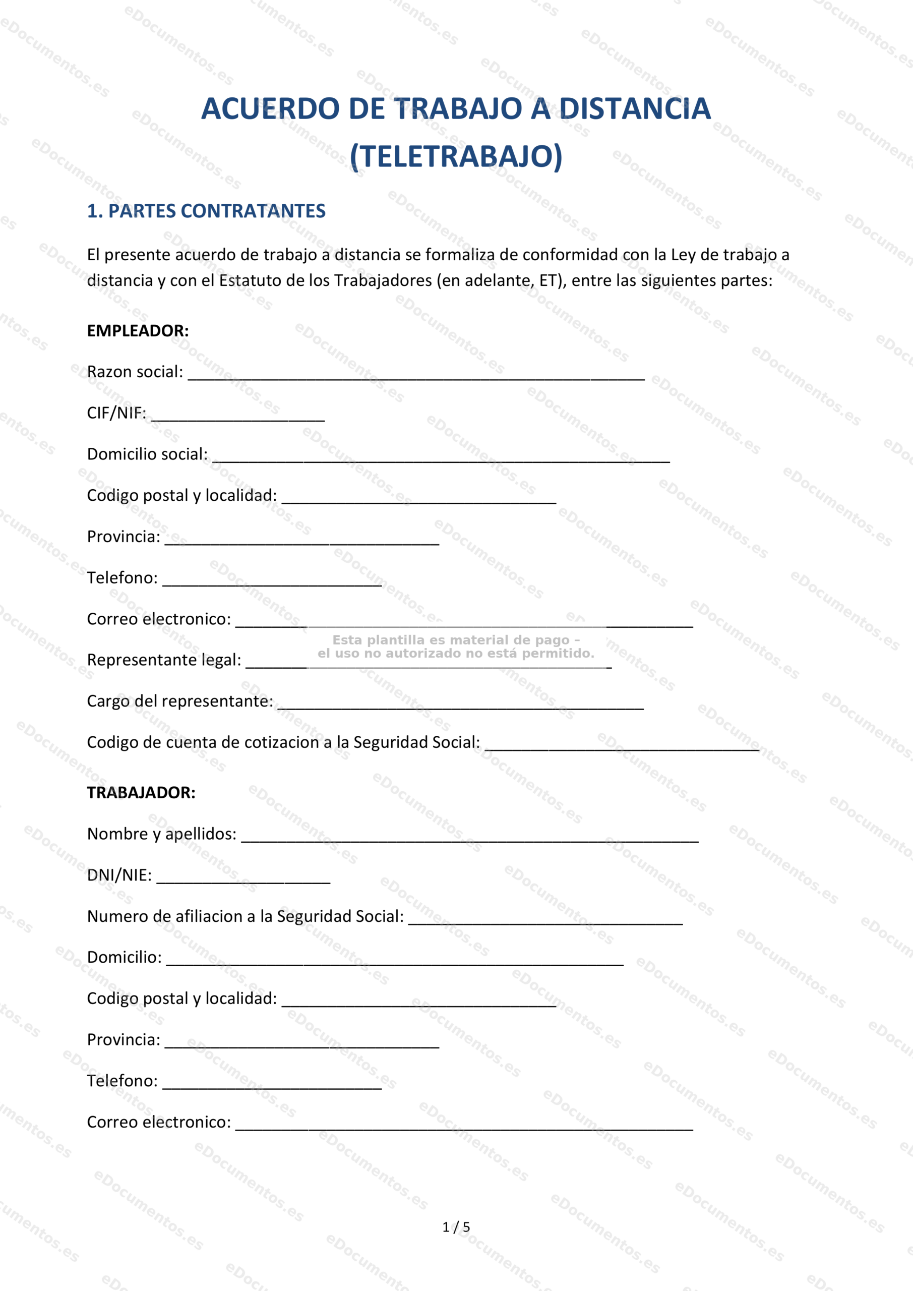 Acuerdo de trabajo a distancia (teletrabajo) — Modelo editable