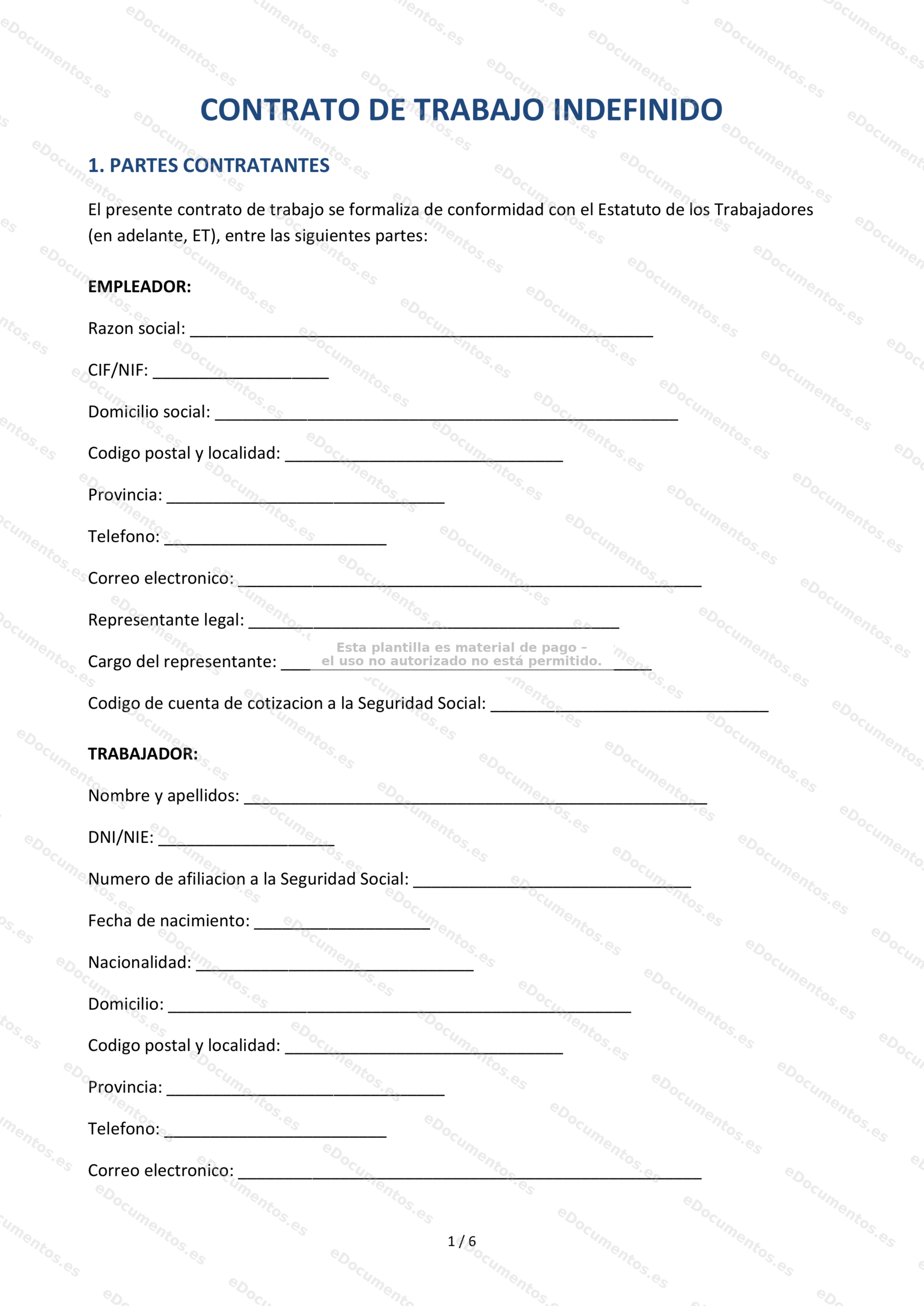 Contrato de trabajo indefinido — Plantilla Word & PDF