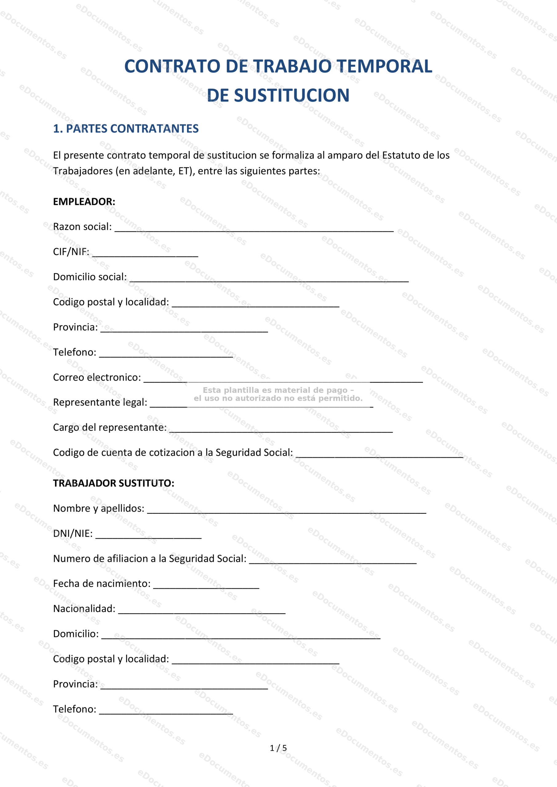 Contrato de trabajo de sustitución — Modelo laboral descargable