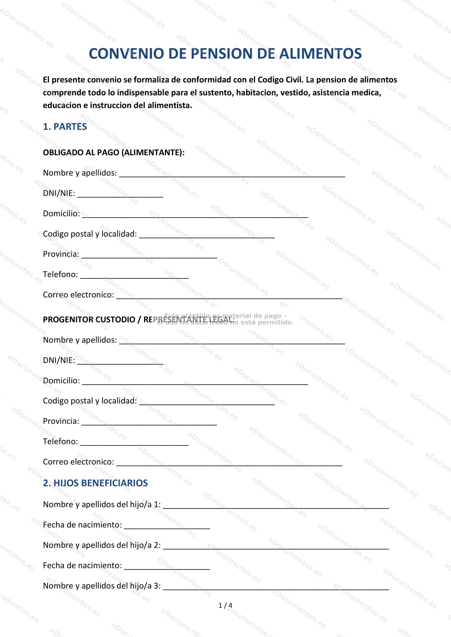 Convenio de pensión de alimentos — Modelo editable