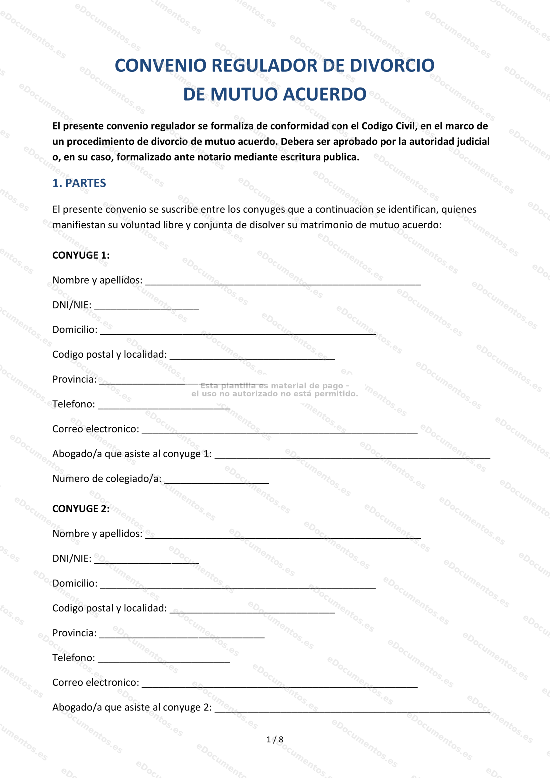 Convenio regulador de divorcio — Plantilla Word & PDF