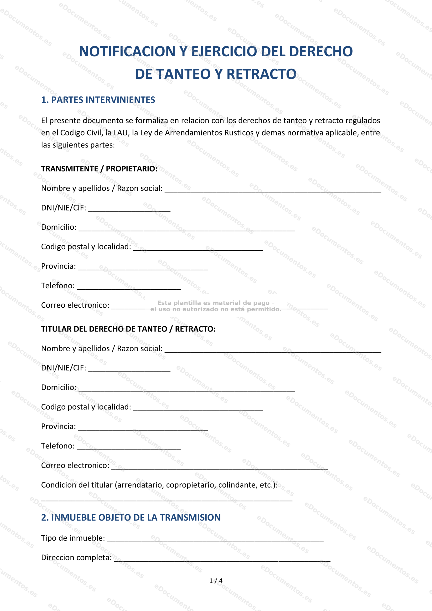 Derecho de tanteo y retracto — Modelo de notificación
