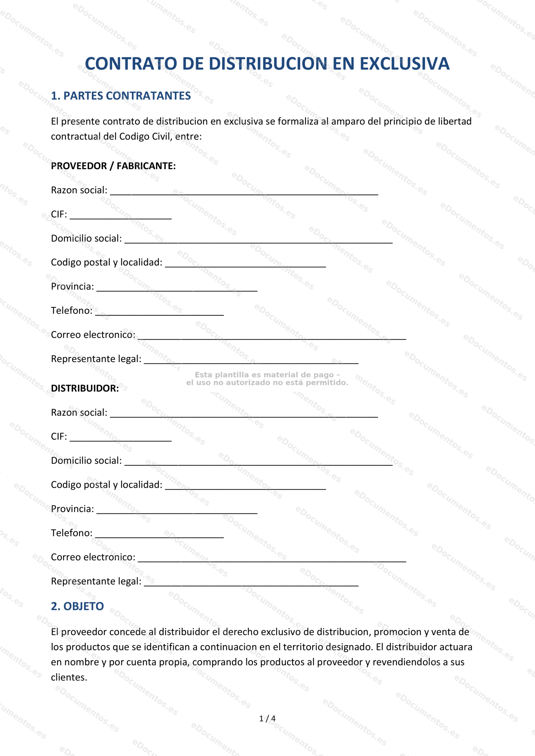Contrato de distribución en exclusiva — Plantilla Word & PDF