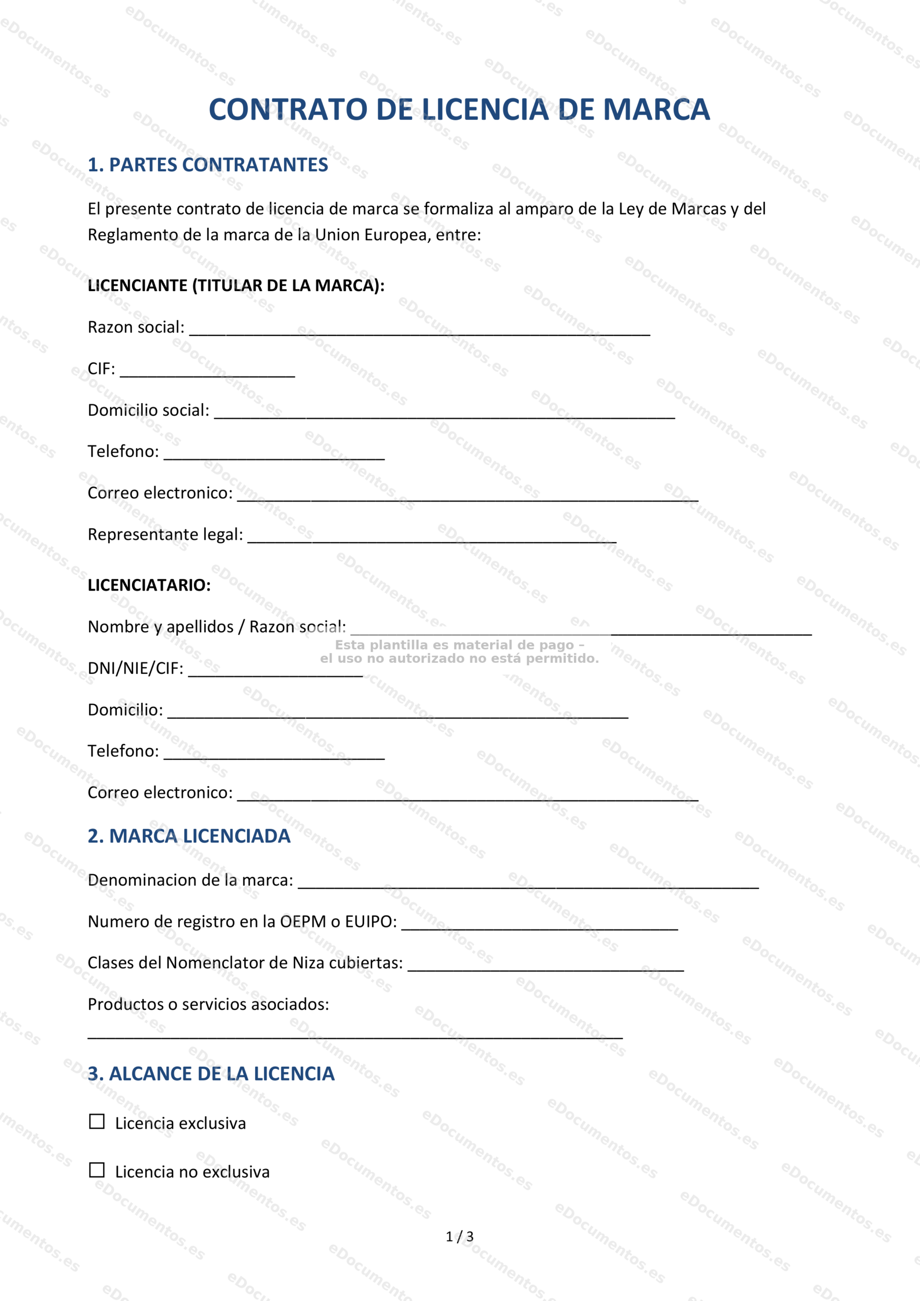 Contrato de licencia de marca — Modelo editable