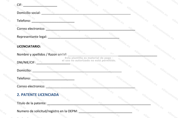 Página 1 de una licencia de patente; documento escaneado con texto impreso y posibles sellos.