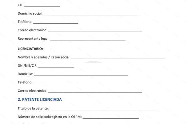 Página 1 de una licencia de patente; documento escaneado con texto impreso y posibles sellos.