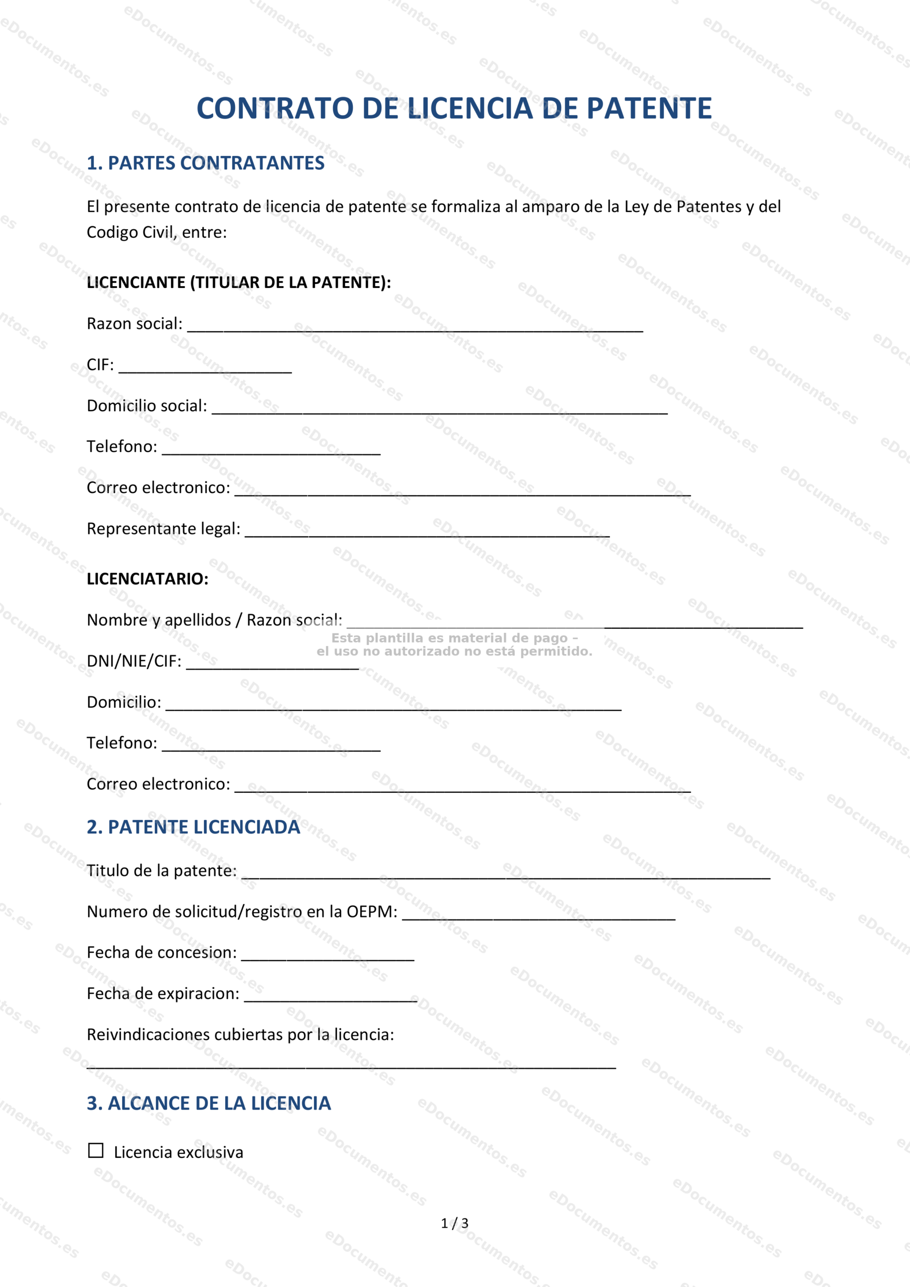 Contrato de licencia de patente — Modelo descargable