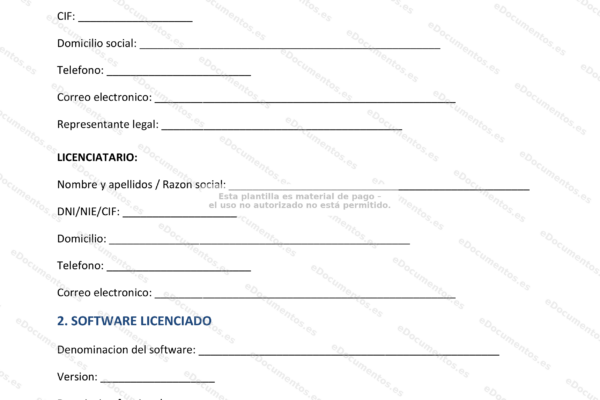 Página 1 de la licencia de software, con texto legal y cláusulas de uso.