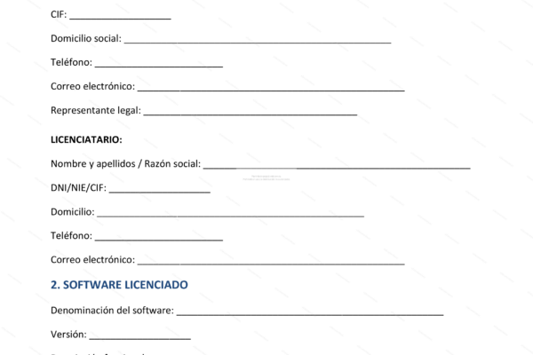 Página 1 de la licencia de software, con texto legal y cláusulas de uso.