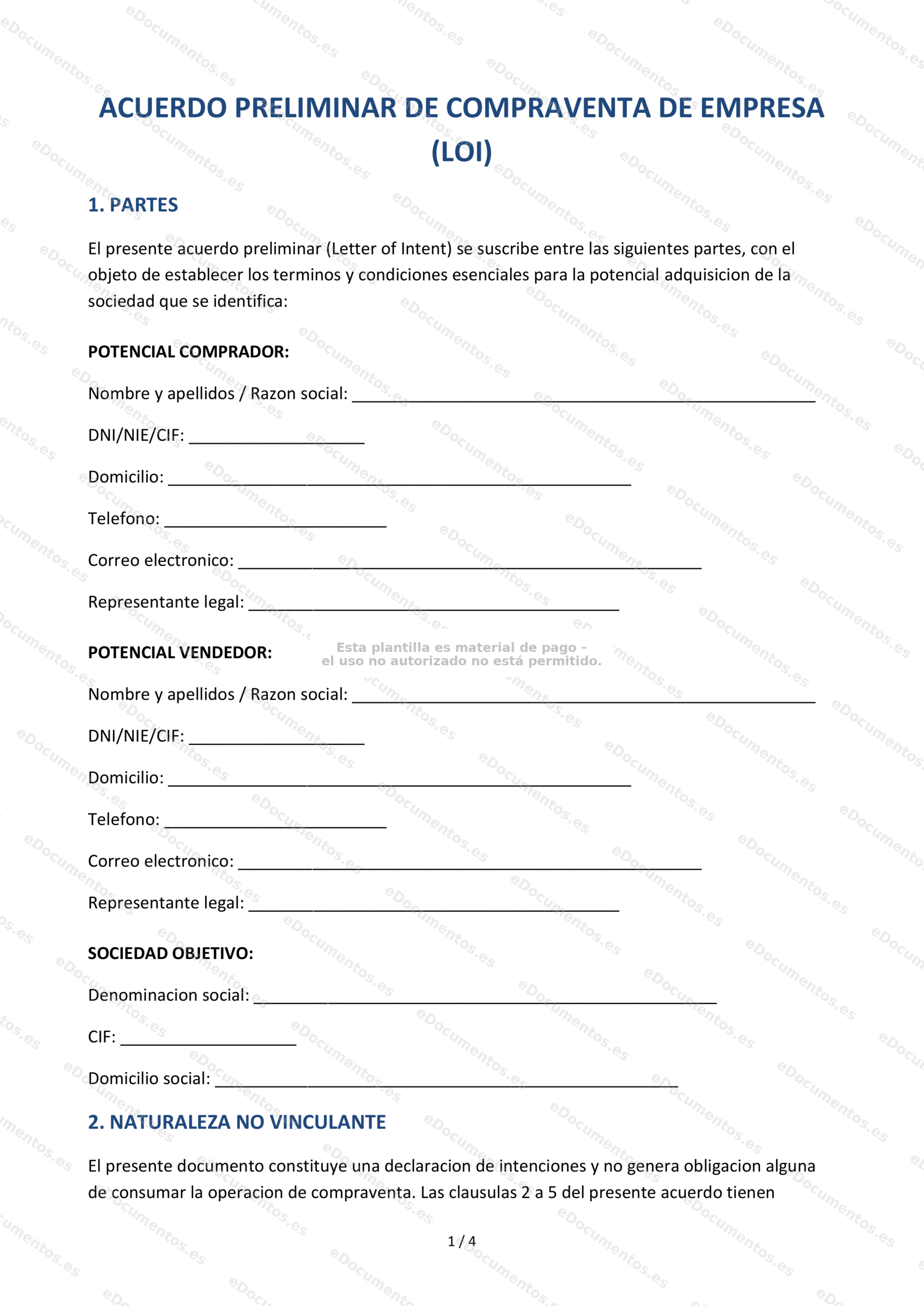 Carta de intenciones para compraventa de empresa (LOI) — Modelo editable