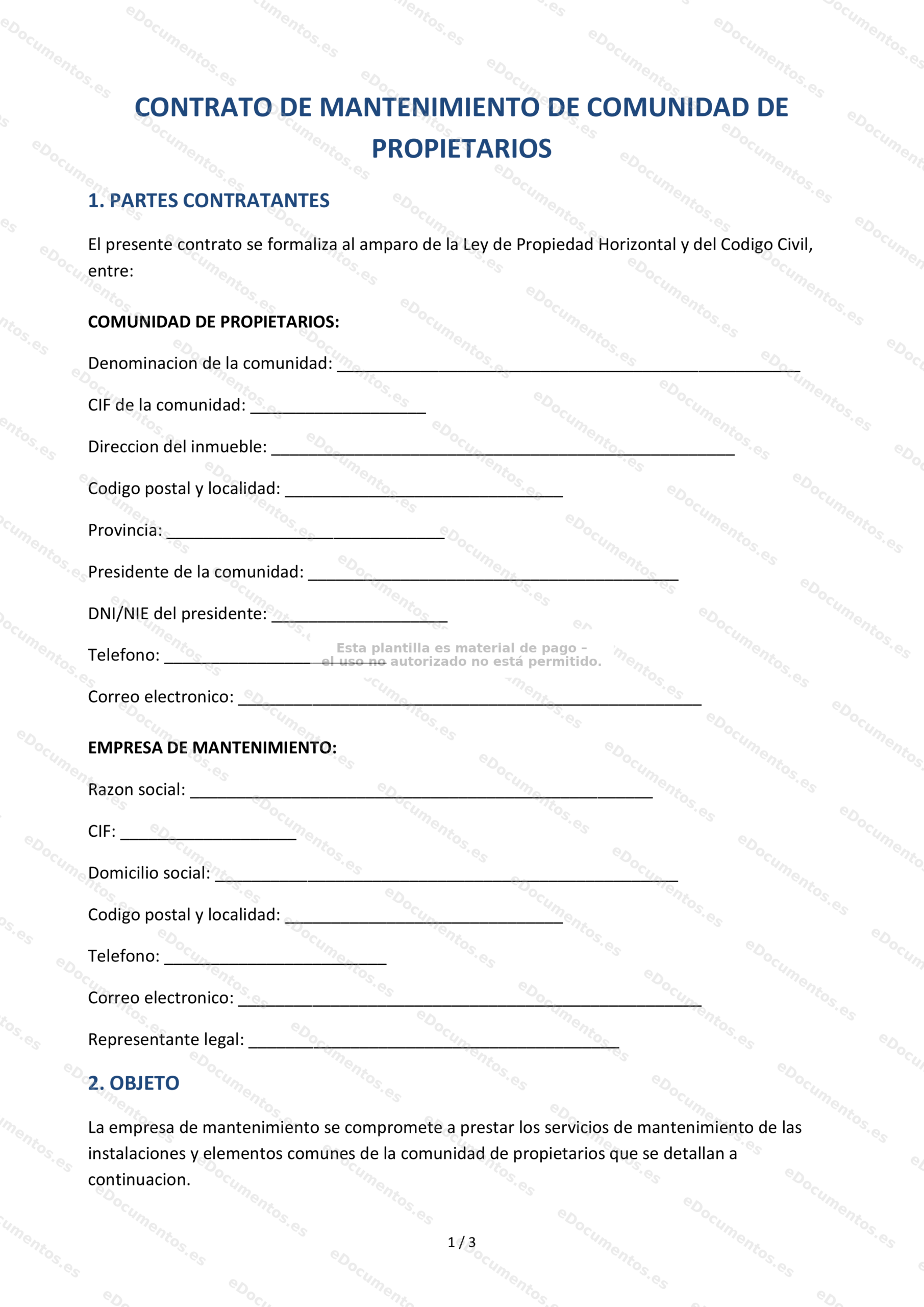 Contrato de mantenimiento de comunidad de propietarios — Modelo editable