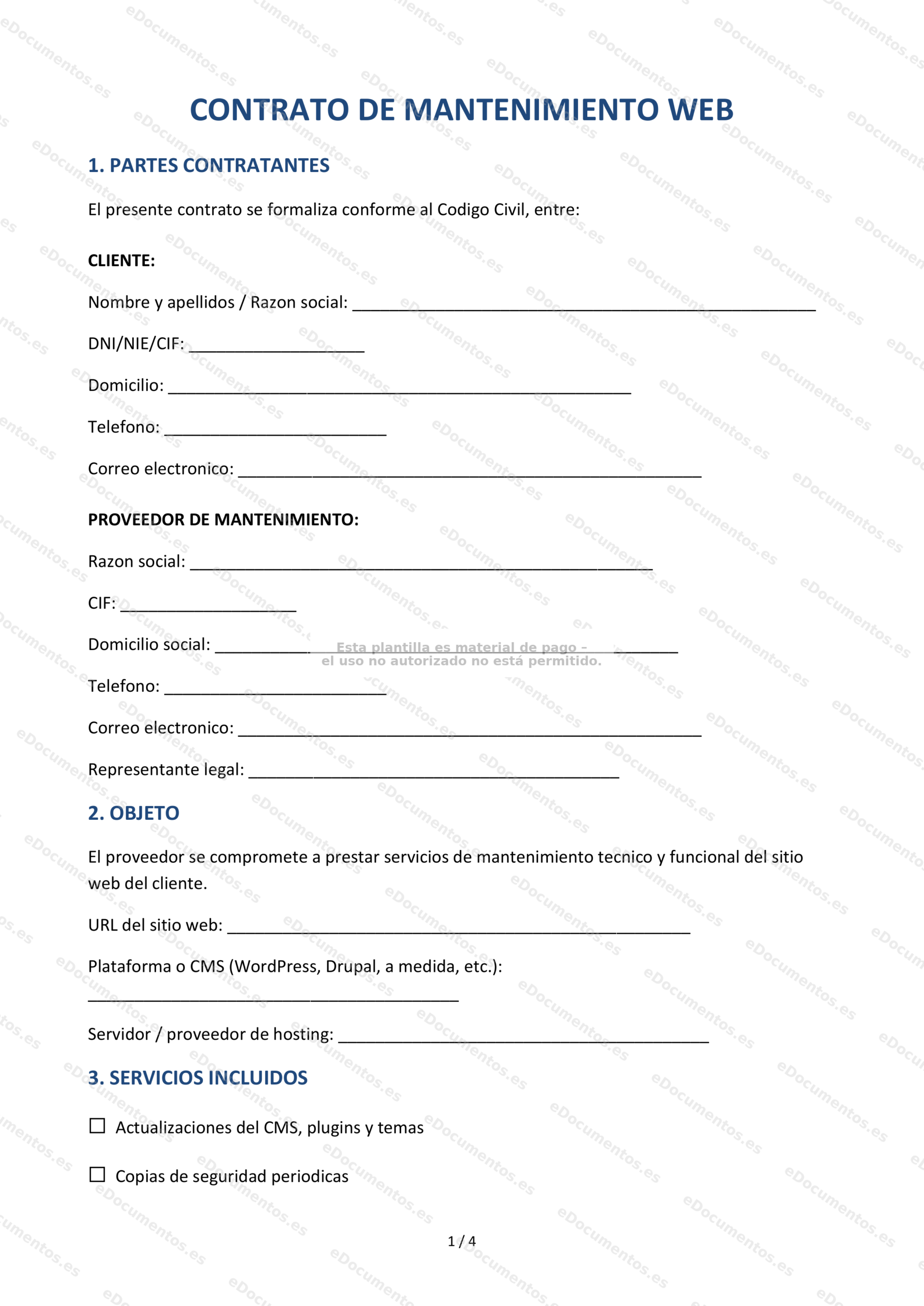 Contrato de mantenimiento web — Modelo editable