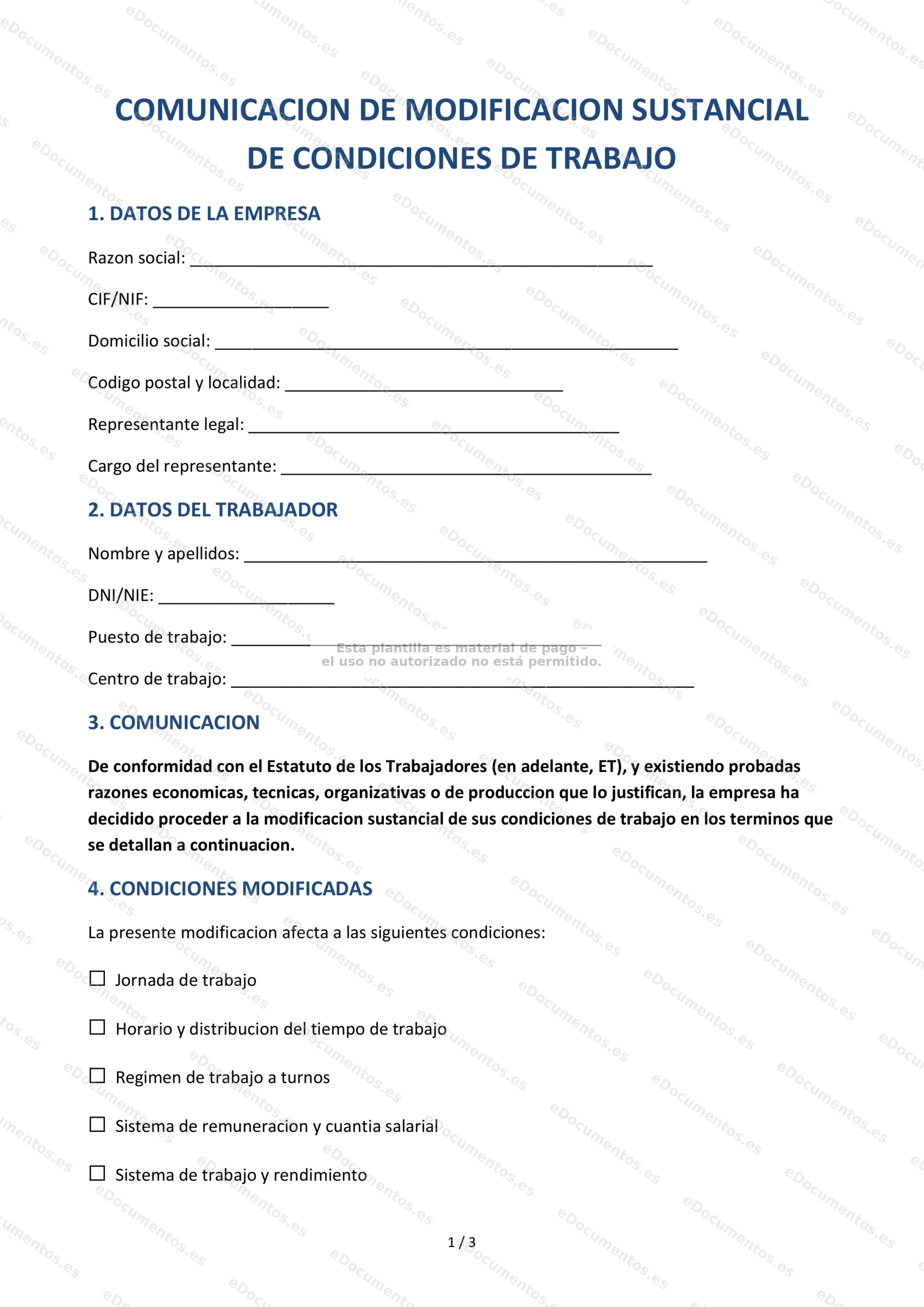 Modificación sustancial de condiciones de trabajo — Modelo editable