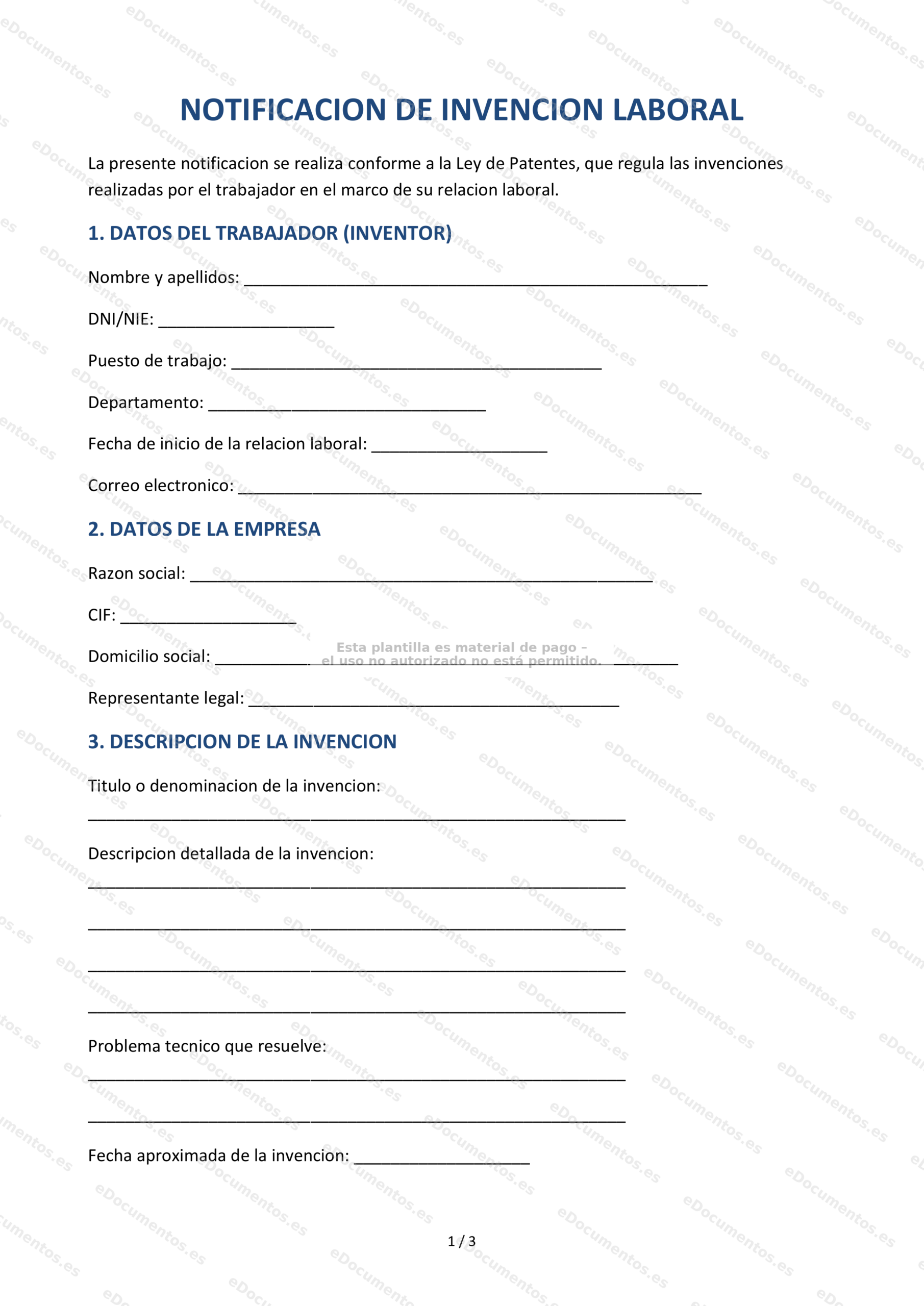 Notificación de invención laboral — Formulario descargable