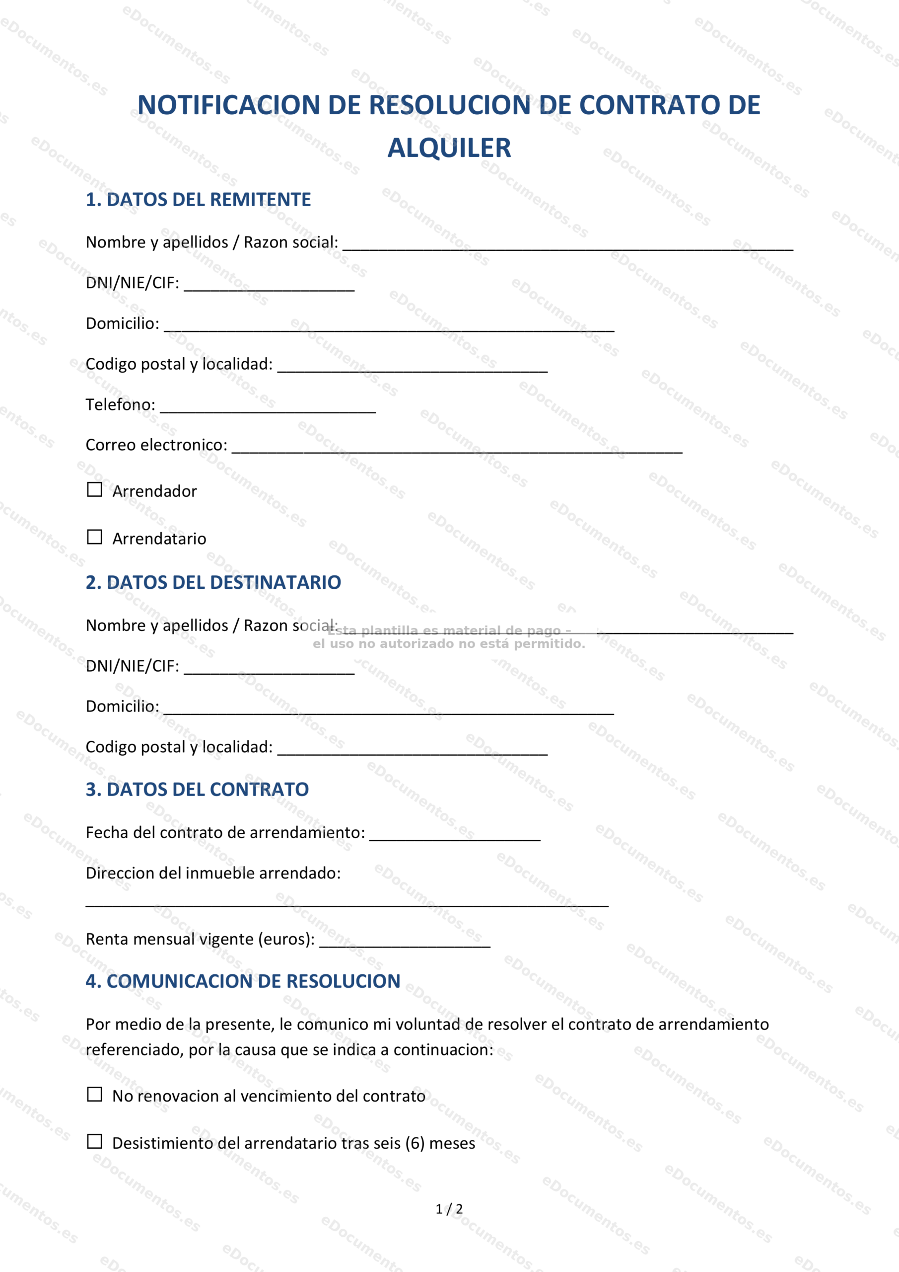 Notificación de resolución de contrato de alquiler — Formulario editable