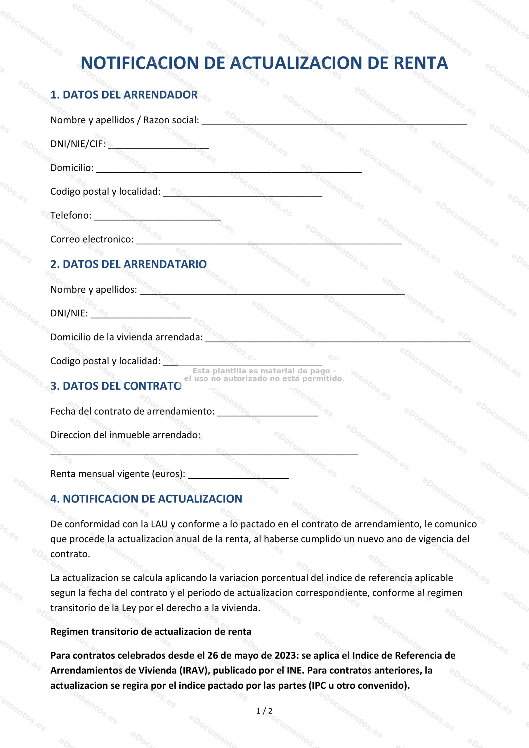 Notificación de subida de renta — Formulario descargable