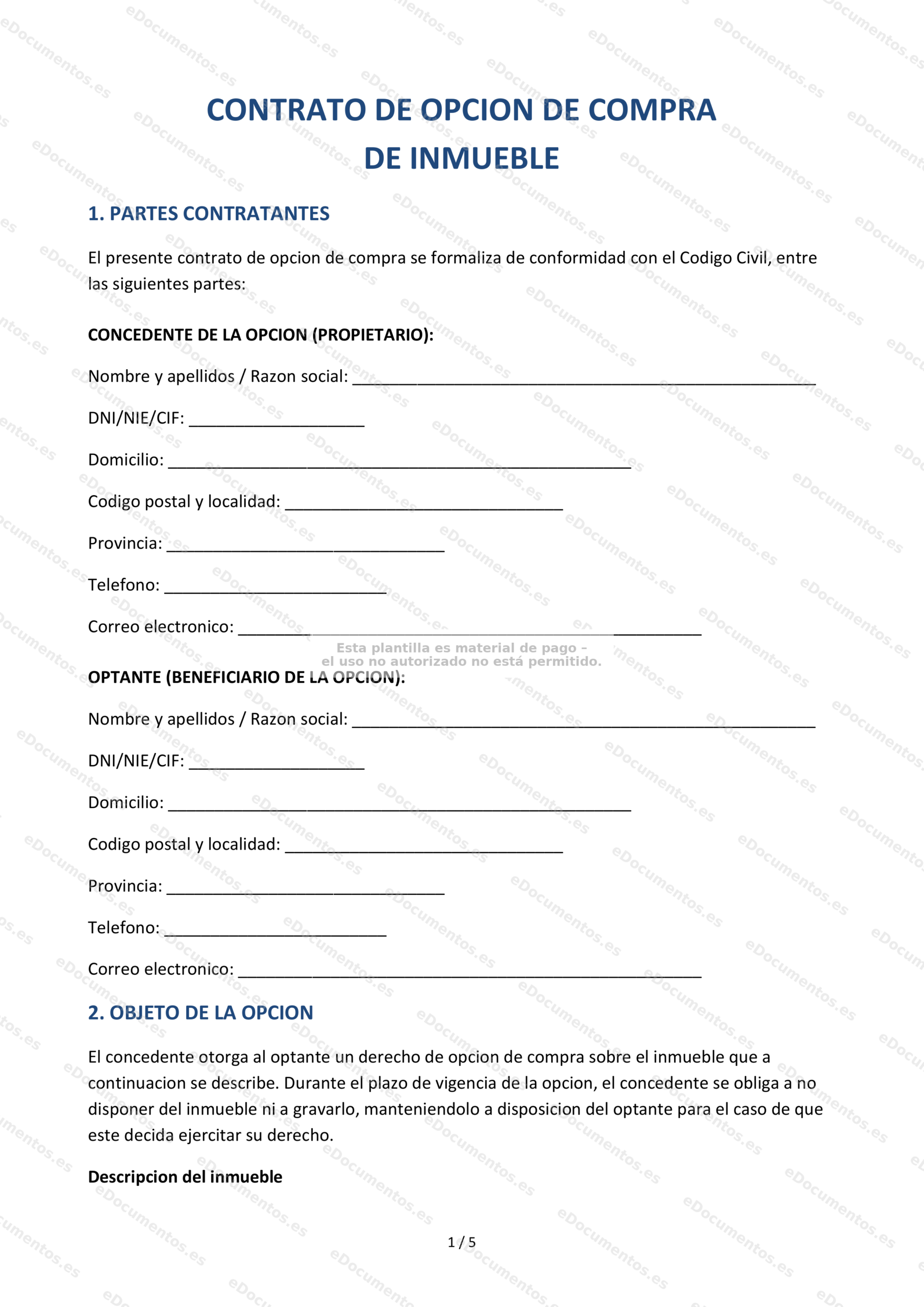 Contrato de opción de compra de inmueble — Plantilla Word & PDF